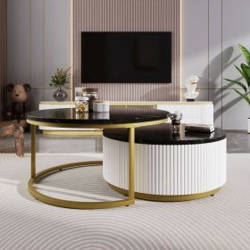 Modern Round Nesting Coffee Table Fluted with Drawer in Black & Gold in 27.6"