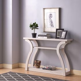 Entryway sofa hall console curvy leg design two shelves thick top panel White Oak color