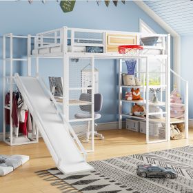 Full Size Metal Loft bed with Built-in Desk, Open Wardrobe, Basketball hoop, Slide and Staircase, White(ETA:3.14)