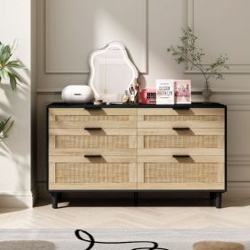 51" Rattan Dresser for Bedroom, 6 Drawer Dresser, Clothes Storage Cabinet for Bedroom, Metal Handle&Wood Legs for Hallway, Living Room, Bedroom,B