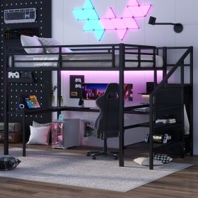 Queen Size Loft Bed with L-shaped Desk and USB, Metal Loft Bed with Wardrobe and Adjustable Shelf, High Loft Bed with LED for Kids Teens Adults,