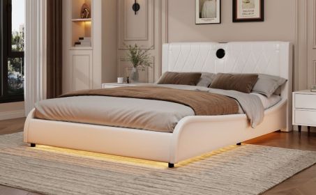 Queen Size Luxurious Faux Leather Upholstered Platform Bed with Thickened Headboard, Bluetooth Speakers and RGB LED Light, No Box Spring Needed,
