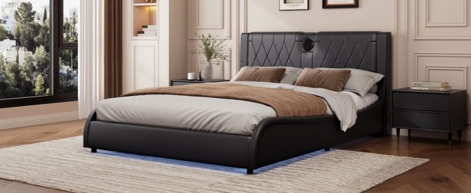 King Size Luxurious Faux Leather Upholstered Platform Bed with Thickened Headboard, Bluetooth Speakers and RGB LED Light, No Box Spring Needed, B