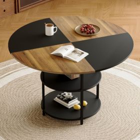 47.3-inch diameter modern splicing circular dining table - double-layer storage, wood and black fan-shaped diagonal color matching design