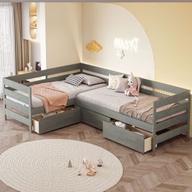Twin Size L-shaped Platform Bed with Three Storage Drawers, Gray