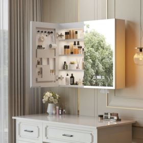 FCH White Particleboard LED Mirror Cabinet (32*28 inches), Acrylic Frame, Double Doors, 7 Shelves, with Time & Temperature, Three-tone Lighting