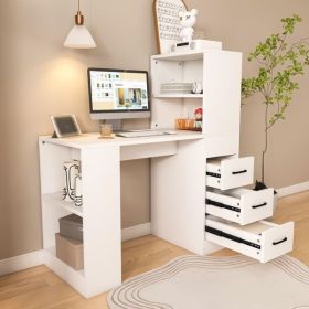 White Computer Desk with 4-in-1 Socket, the Desk with 3 Slide Drawers and 4 Storage Levels, the Wooden Desk is Suitable for a Variety of Places
