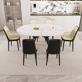 47-63" expandable circular dining tables , equipped with 6 PU fabric thick cushioned dining chairs and an elegant and spacious dining table