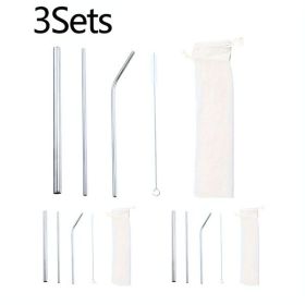 Natural Color 3 Sets (9pcs) Of Reusable Straws With Cleaning Brush And Storage Bag, Colorful Bent Straws And Straight Straws, Perfect For Parties