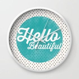 Hello Beautiful Teal Dots typography Wall clock (Color: Black)