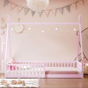 Twin Size Wood House Bed with Fence, Pink (Color: as picture)