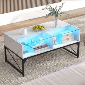 Center Table with Faux Marble and Tempered Glass Top (Color: White)